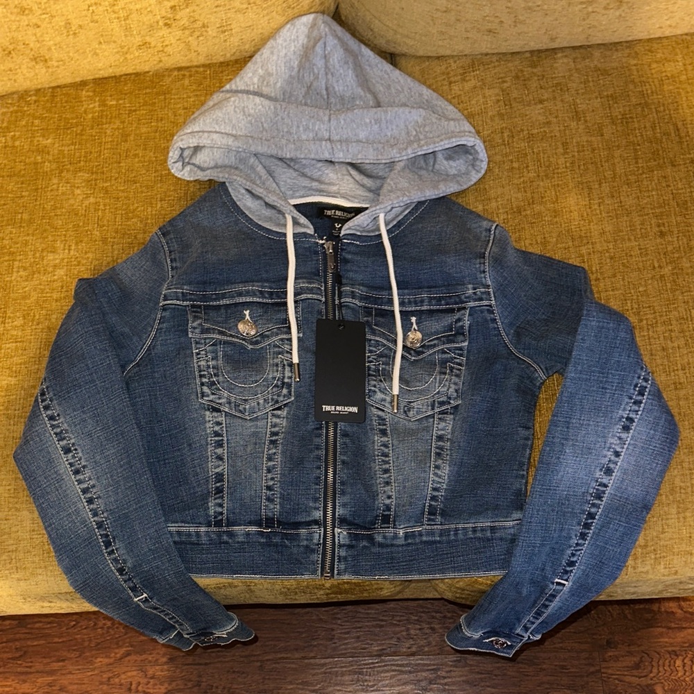 True Religion Blue Denim Jacket with Gray Hood